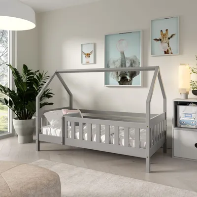 Produktbild von Masseno Kinderbett BELLA 80x190 cm mit Rausfallschutz, Einzelbett für Mädchen und Jungs, Hausbett für Kinder, Holz, Hellgrau