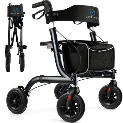 Produktbild von Safe Age® Rollator: Leicht und faltbar – mit Sitzfunktion – für drinnen und draußen – inklusive Rückenlehne und Gehstockhalter"