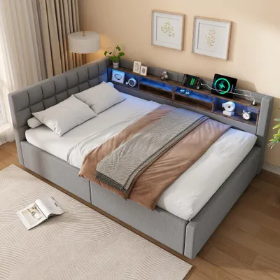 Produktbild von Daybett, Multifunktionales Schlafsofa mit dimmbarer LED-Beleuchtung und USB-Anschluss, inklusive praktischen Regal und hydraulischem Stauraum, Ohne Matratze, Grau , 140x200cm