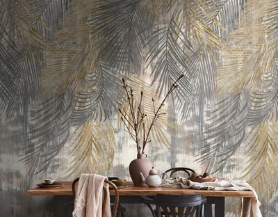 Produktbild von NEWROOM Tapete Grau Vliestapete Dschungel - Wandbild Modern Gold Beige Palmen Palmenblätter Tapete Tropisch Dschungeltapete