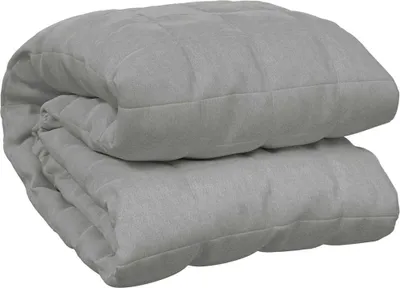 A folded gray weighted blanket.