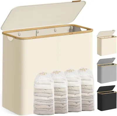 Produktbild von Wäschekorb mit Deckel 200 L,4 Fächer,herausnehmbare Wäschesäcke,600D Oxford-Gewebe,Bambusgriffe,faltbarer Wäschesortierer,78 × 38,5 × 70,5 cm,Cremewei
