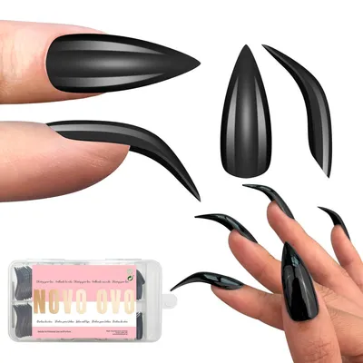Image de Conseils d'ongles artificiels, style Halloween, noirs, en forme de stiletto, courbés, type français, 120 pièces, 12 tailles