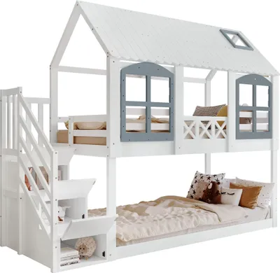 Produktbild von Etagenbett 90x200cm Gaestebett Holzbett Jugendbett Weiss mit 3 Schliessfaecher in der Treppe Reichlich Stauraum Kiefer+MDF Stilvolles Funktionsbett