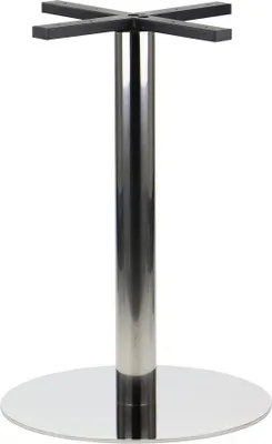 A standalone table base with a circular polished stainless steel base and a cylindrical stainless steel column, topped with a black cross-shaped base for attaching a tabletop.