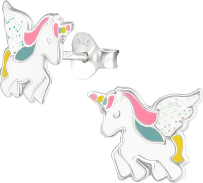 Produktbild von Kinderohrstecker: Mädchen Ohrringe Silber „Pegasus Einhorn mit Glitzer“