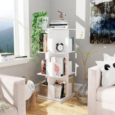 Produktbild von Drehbares Bücherregal,Bücherschrank Standregal mit Rollen 360° Frei Drehbares Bücherregal Multifunktionales Lagerregal für Kinder 40x40x98cm Weiß