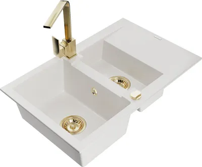 Produktbild von Mexen Gaspar 1,5-Becken-Granitspüle mit Abtropffläche und Mischbatterie Rita, Weiß - 6507-20-670300-50