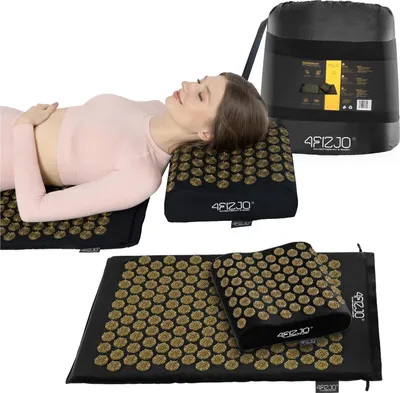 Obrázok produktu pre 4FIZJO ERGO akupresúrna podložka s opierkou krku 68 × 42 cm, na masáž a relaxáciu, čierno-zlatá