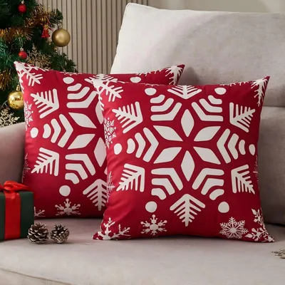 Kissenbezüge 2er-Set, 40 x 40 cm, Samt, rot, Schneeflocken-Motiv, Weihnachten