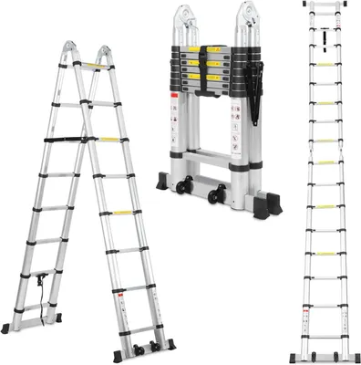 Obrázek produktu pro Teleskopická žebřík - Skládací žebřík - Pro domácí použití a drobné opravy - Stabilizátor součástí - Výška 5 metrů - Barva: hliníková