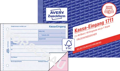 Produktbild von Avery Zweckform 1711, Kassa-Eingang, A6 quer, selbstdurchschreibend, 2x40 Blatt
