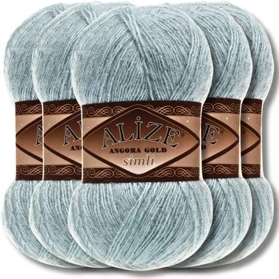 Produktbild von Alize 5x 100g Angora Gold Simli Wolle mit Glitzer, Uni, Häkeln, Stricken (Fairy Blue | 114)