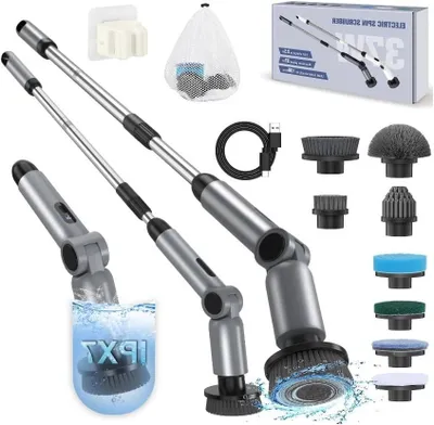 Produktbild von Elektrische Reinigungsbürste – Duschreiniger – Badezimmerreinigung – 9 Bürstenköpfe – Verstellbar, 126 cm – Grau