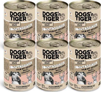 Produktbild von Dogs’n Tiger Adult Hundefutter, Sonntagsjäger, Hunde Nassfutter, Wild, Geflügel, Birne, Hirse & Karotte, 6x400g
