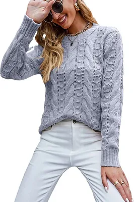 Image de ASKSA Femme Elégant Pull casual manches longues Pull à grosses mailles Sweat-shirt Hauts, Gris, S