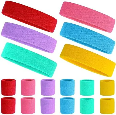 Produktbild von YOUNGSAY Schweißbänder, 18 Stück, 6 für die Stirn, 12 für die Handgelenke, elastische Schweißbänder für Damen und Herren, geeignet für Basketball, Tennis, Fitnessstudio (6 Farben)