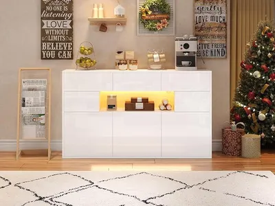 Produktbild von Sideboard, 140 cm, LED, Hochglanz, 3 Schubladen, 5 Schränke, App-Steuerung, weiß, für Wohnzimmer, Büro, Flur, als Aufbewahrungsmöbel