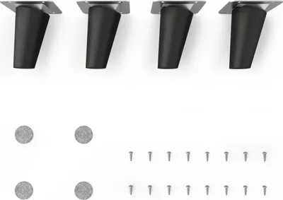 Four black furniture legs with silver mounting plates and screws are laid out on a white background.