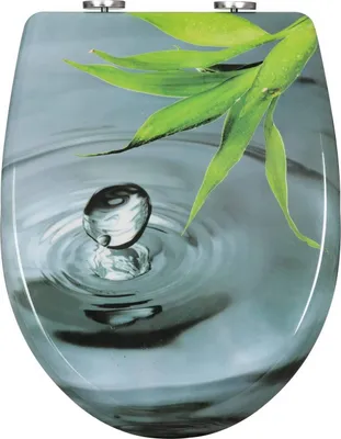 A toilet seat with a design of a water drop and a green leaf.