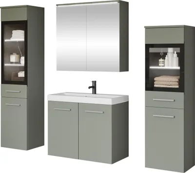 Produktbild von MIRJAN24 Badmöbel-Set Madrit II, Badezimmer-Set mit Spiegel und Waschbecken (Farbe: Nebelgrün, mit Siphon, mit weißer LED Beleuchtung)
