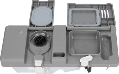A gray plastic dishwasher detergent dispenser assembly.