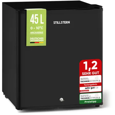 Produktbild von Stillstern Mini Kühlschrank E 45L mit Abtauautomatik, Schloss, Frostfach, Leise, Ideal für Küche, Büro, Schlafzimmer, Hotels und kleine Wohnungen Kühlschrank klein Minibar R600A Getränkekühlschrank