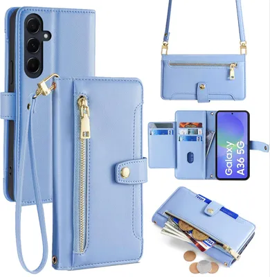 Produktbild von Handykette für Samsung Galaxy A36 Hülle mit Band Handyhülle Kartenfächer Kunstleder Umhängetasche in Hellblau