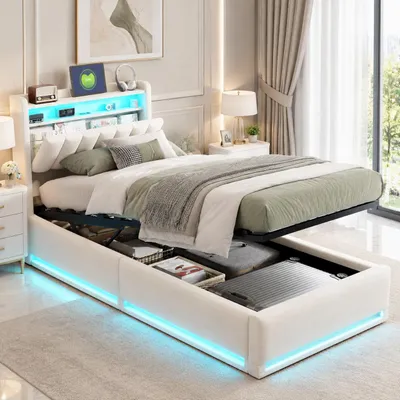 Produktbild von INONEFT Kinderbett 90 x 200 cm, Hydraulisches Bett mit Stauraum und USB, Erwachsenenbett, Polsterbett mit LED und Lattenrost, Einzelbett, Samt, Beige