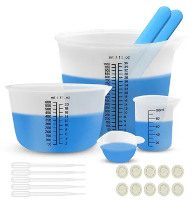 Productafbeelding van Siliconen maatbekerset voor epoxyhars, 1000/600/100 ml, met roerstaafjes, pipetten en siliconen spatels