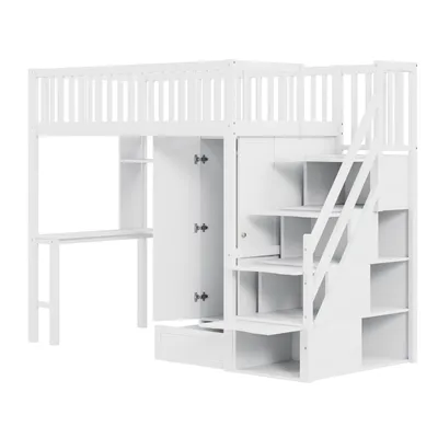 Produktbild von Hochbett mit Lattenrost, Rausfallschutz, Schreibtisch, Kleiderschrank und Regal, 90x200 cm, Jugendbett, Kinderbett