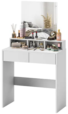 Produktbild von Schminktisch mit Spiegel, 2 Schubladen, 3 F?chern, Schlafzimmer-Schminktisch, 75 x 38 x 135 cm, Wei?