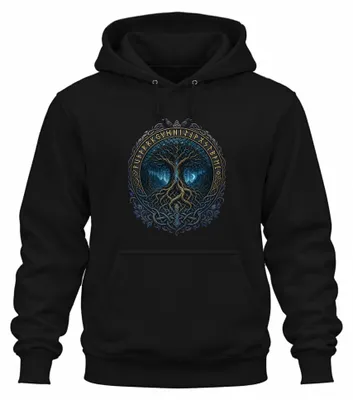 Imagen del producto de Sudadera con capucha, color , talla XXL, con motivos de Yggdrasil (el árbol del mundo), runas vikingas y cuervos (símbolos del árbol de la vida)