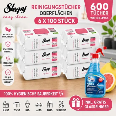 Produktbild von Sleepy Easy Clean Oberflächenreinigungstücher – 6x100 Pomelo + Glasreiniger GRATIS