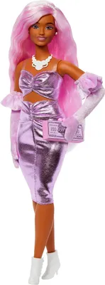 Produktbild von Barbie Fashionistas Deluxe Style-Puppe Nr. 1 mit glänzendem rosa Barbiecore-Kleid, Samthandschuhen und rosa Haaren, Modepuppe, Weiblich, 4 Jahr(e), Mädchen, 295 mm, 225 g