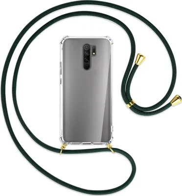 Produktbild von Handykette Backcover-Schutzhülle mit Band (Metall goldfarben) für Xiaomi Redmi 9 - dunkelgrün