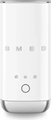 A white Smeg milk frother with a silver base is shown against a white background.
