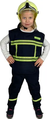 A young girl wearing a firefighter costume, including a helmet, vest, and pants, stands against a white background.