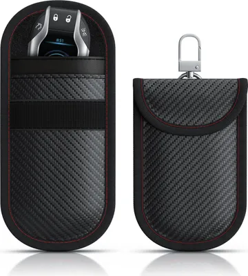 Immagine prodotto di Set di 2 chiavi per auto con protezione Keyless Go di Aplic, custodia con blocco del segnale RFID, custodia per chiavi con blocco RFID, borsa Faraday, NFC, fibra di carbonio, moschettone, chiusura in velcro, compatta, protezione per carte di credito