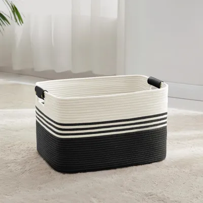 Image de Panier à linge tressé, 45 litres, corde en coton avec poignées en cuir, blanc/noir, 45x35x27 cm