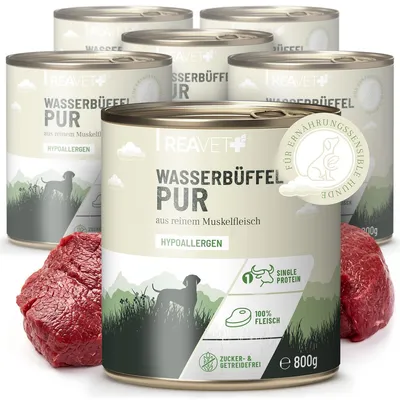 Produktbild von REAVET Hundenassfutter – Wasserbüffel PUR 6 x 800g I Reines Muskelfleisch, Hypoallergen, ohne Getreide & Zusätze, Hundenassfutter sensitiv für Allergiker