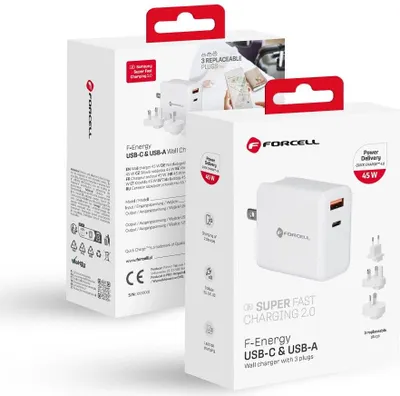 Produktbild von Forcell 3-in-1 Netz-Ladegerät mit USB-C- und USB-A-Anschluss - 3A 45W mit PD- und QC 4.0-Ladung und drei austauschbaren Steckern