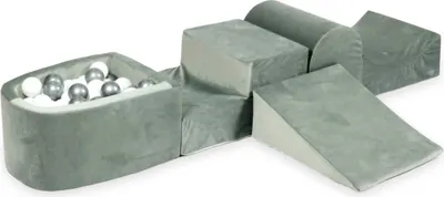 Produktbild von Schaumstoff-Spielset mit Hügel und Mikro-Bällepool – Samtgrau mit Bällebadbällen 100 Stück / weiß, silber