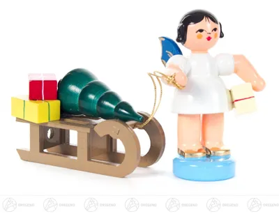 Produktbild von Engel mit Geschenkeschlitten - Blaue Flügel - stehend (6cm) von Kunstgewerbe Uhlig