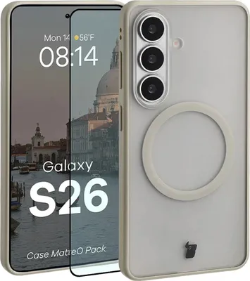 Produktbild von Schutzhülle mit Magnetring + gehärtetem Glas für Galaxy S26, Bizon MatteO Pack, Getönt-Beige