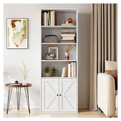 Produktbild von Bücherregal mit Türen, 6 Ebenen, 60 x 30 x 182 cm, Standregal aus Holz, Offenes Aufbewahrungsregal für Arbeitszimmer, Büro, Wohnzimmer, Schlafzimmer, Weiß