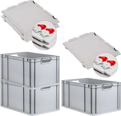 Produktbild von SuperSparSet 3x Eurobox NextGen Economy mit Scharnierdeckel und roten Schiebeschnappverschlüssen | Griffe offen | HxBxT 32x40x60cm | 65 Liter | Eurobehälter, Transportbox, Transportbehälter, Stapelbehälter