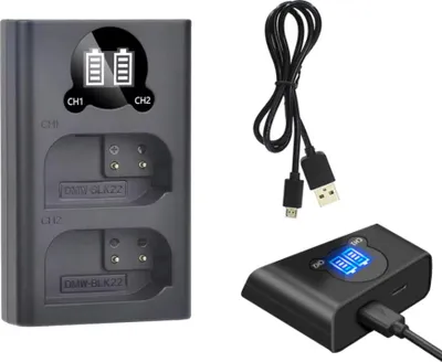 Produktbild von Trade-Shop Micro-USB USB-C Doppel Akku Dual Schnell-Ladegerät für 2 Akkus mit LCD kompatibel mit Panasonic DMW-BLK22 BLK22E BLK22GK DMW-BTC15E
