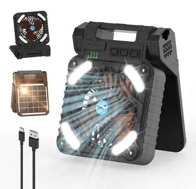 Immagine prodotto di Ventilatore portatile per campeggio con luce LED, ricaricabile tramite USB, batteria da 6000mAh, ideale per tende
