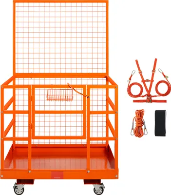 An orange forklift safety cage with accessories on a white background.